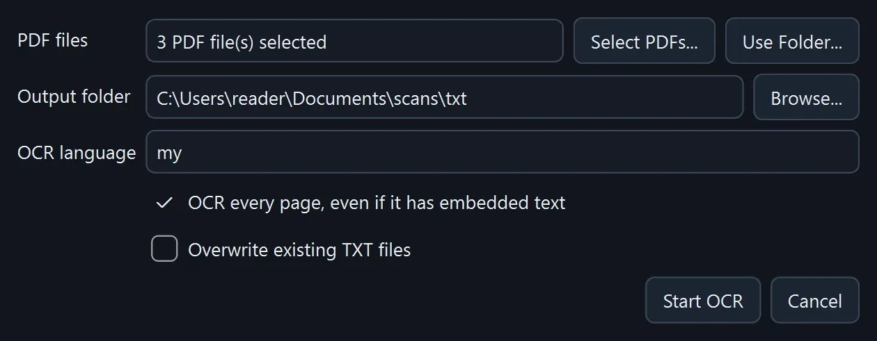 Batch OCR PDFs dialog: 3 PDF files selected, an output folder, OCR language my, and Start OCR.