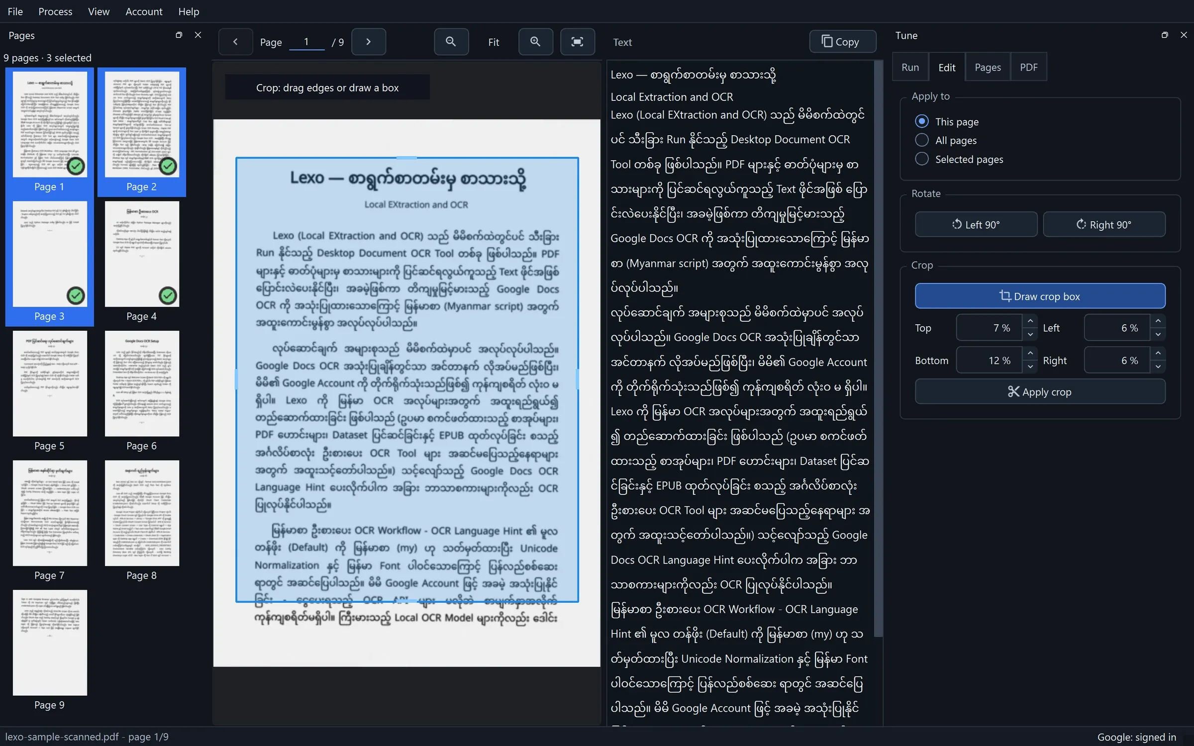 LEXO crop editor: a blue crop box drawn over a scanned Burmese page, with crop margins in the Tune panel.