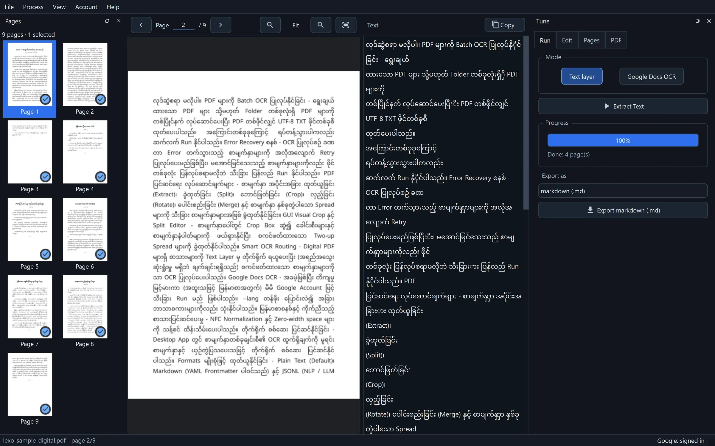 LEXO's Run panel set to export Markdown.