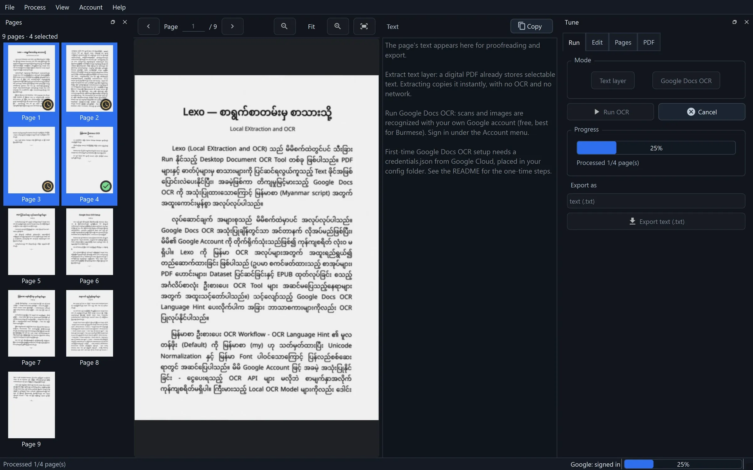 LEXO mid-run: Google Docs OCR at 25% with page thumbnails showing done and pending badges.