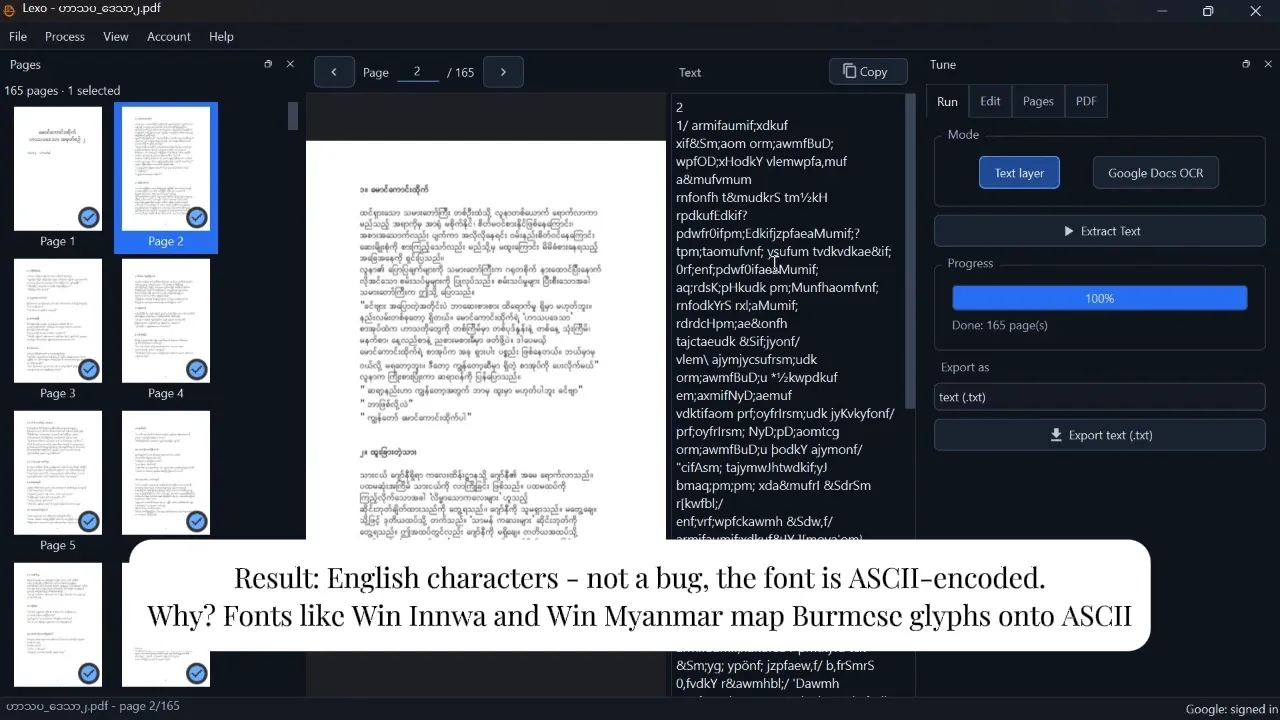 Text-layer extraction on a Win Innwa PDF returns the ASCII the font hides behind. Frame from walkthrough 3.